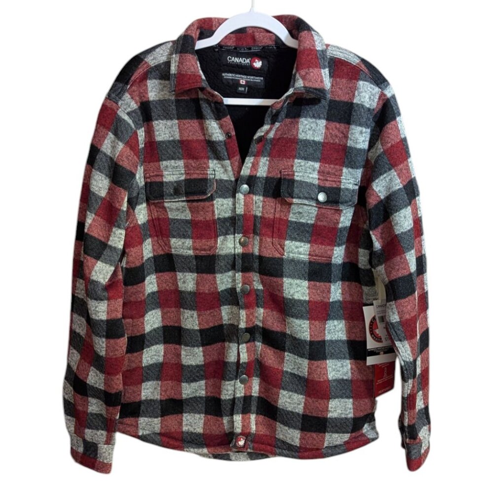 Men's NWT Canada Weather Gear sherpa lined shirt jacket, red rock/blue, size M